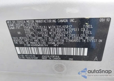 2011 Toyota Rav4 from USA, damaged, VIN 2T3BF4DV8BW086144